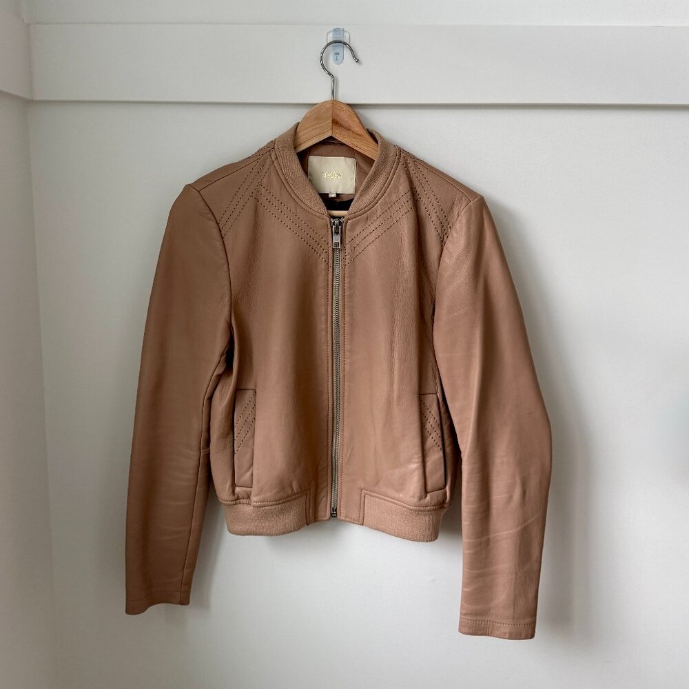 Maje Baby Bomber Jacket in Dusty Rose Lambskin Leather